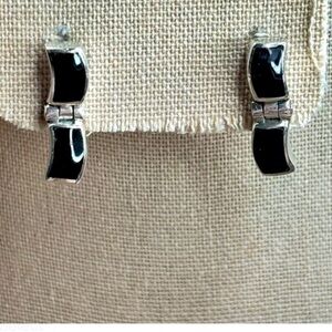 Taxco Sterling Silver 950 Black Onyx hinge Earrings Vintage